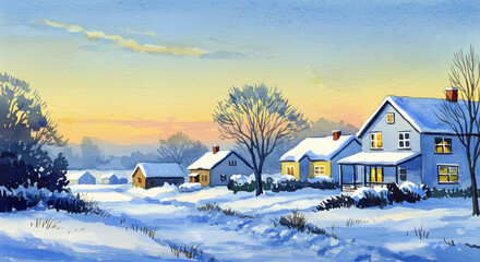 Obraz premium Winter Wonderland: Snowy Houses and Evening Glow 