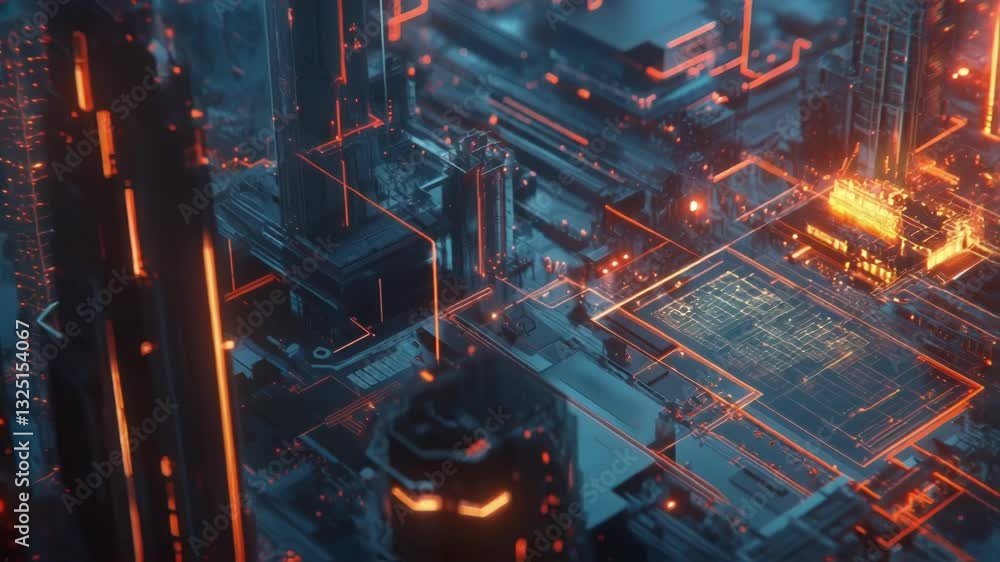 Poster complex network of circuits and processors emitting vibrant lights, symbolizing advanced technology 