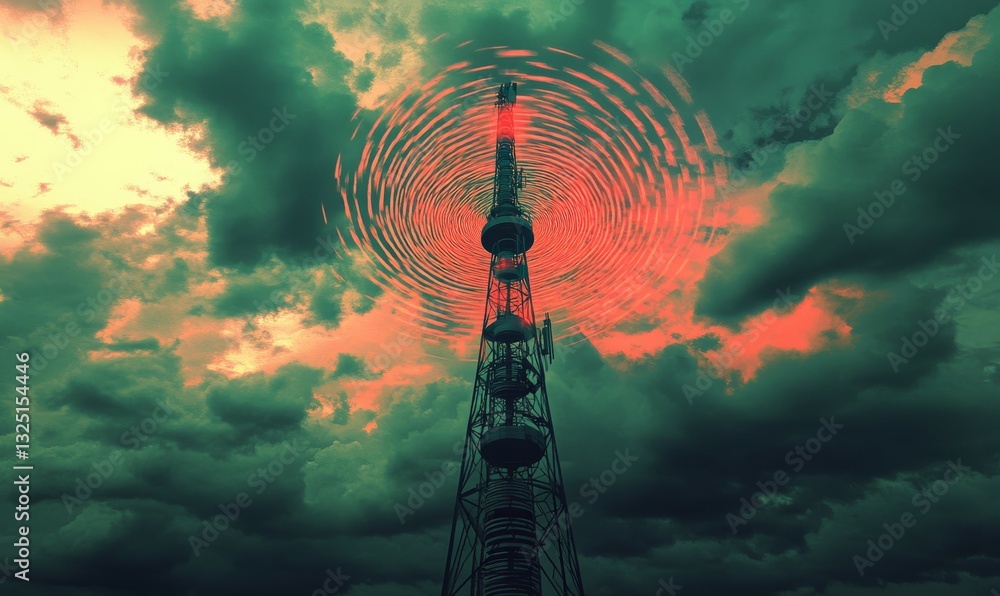 Aufkleber retro futuristic radio tower emitting 3d frequencies in spiral pattern against dramatic cloudy sky -