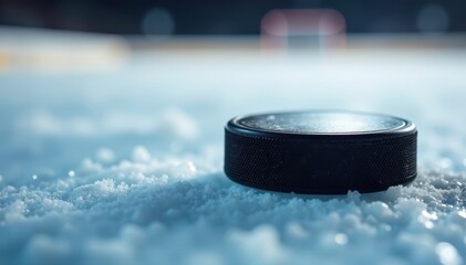 Extreme close-up, ice hockey puck, blurred background, frozen, sports action