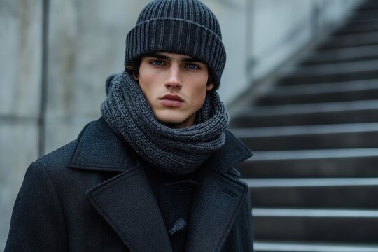 Winter portrait of a man in a stylish orange coat and brown hat surrounded by falling snowflakes in a serene snowy landscape
