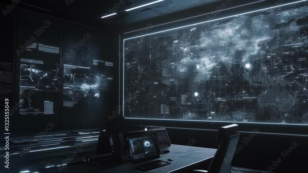 Poster large digital world map displaying global connections and data flow in a high tech command center, s