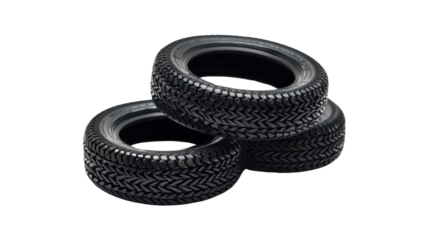Three black tires isolated on transparent background, perfect for automotive projects