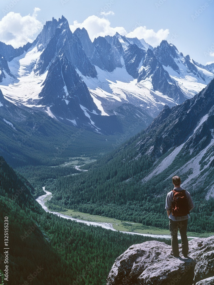 Poster majestic mountain range under clear skies with a hiker enjoying the breathtaking view of snow-capped