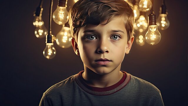 "Boy's Brainstorming Moment: Question Marks and Light Bulb Against a Dark Backdrop" - Powered by Adobe