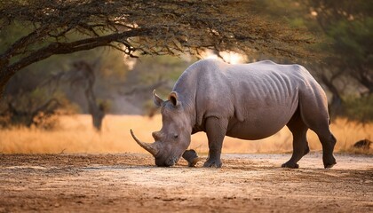 black rhinoceros rhinos walking grazing eating on ground with tree background