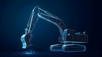 Abstract Blue Polygonal Wireframe Excavator on Dark Background Modern Technology in Construction Industry