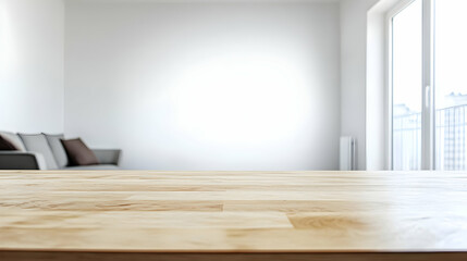 Fototapeta premium Empty Wooden Table In A Bright Modern Living Room With A Blurred Sofa And City View Through The Window Perfect For Product Placement Or Interior