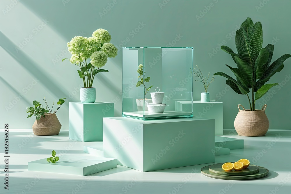Poster stylish presentation with gentle mint setting and cube platform display