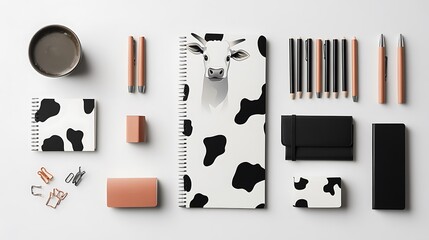Artistic arrangement of stationary supplies featuring cow print patterns