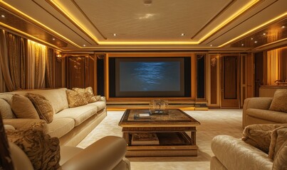 Luxurious home theater with plush seating and large screen.