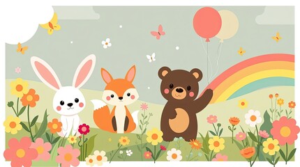 Naklejka premium Brightly colored bunny fox and bear celebrate together while holding balloons among blooming flowers and fluttering butterflies on a sunny day