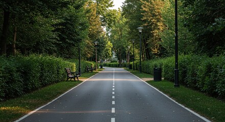 Obraz premium Peaceful park pathway surrounded by lush greenery and benches at sunset