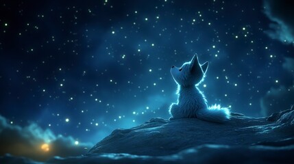 Whimsical Night Watch: A charming fox cub gazes up at a breathtaking starry sky, its silhouette set against the celestial expanse, evoking a sense of wonder and peaceful contemplation.