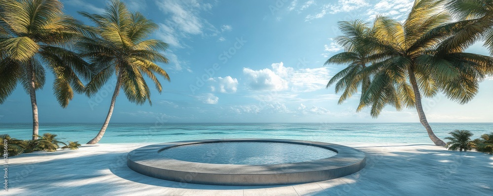 Poster serene coastal view with a circular platform surrounded by palm trees on a clear day