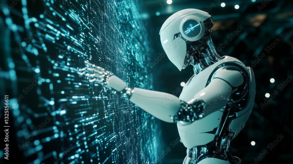 Poster white robot interacting with a blue digital interface