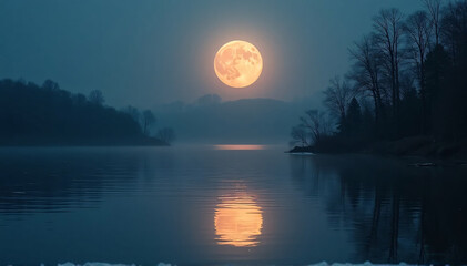 Fototapeta premium Moonlight Reflection on Misty Lake 