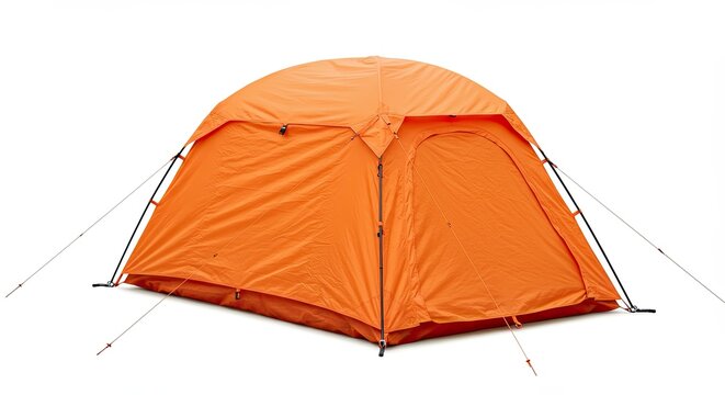 Bright orange camping tent isolated on white background for outdoor adventure and travel enthusiasts