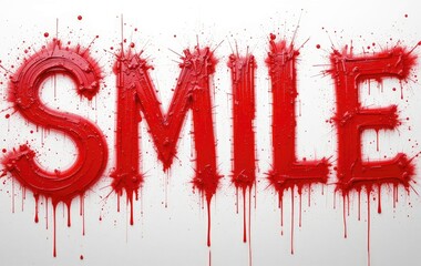 Obraz premium Red Smile Text Art with Drips on White Background