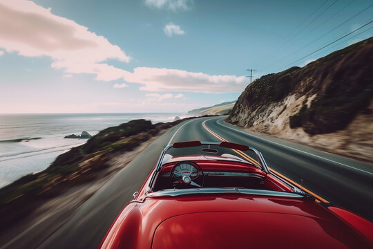 A vintage red convertible car speeding along a winding coastal road with ocean views. The scenery showcases natural beauty, freedom, and luxury travel, encapsulating a carefree and adventurous