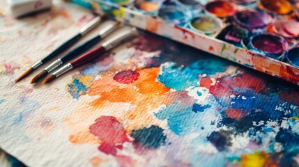 Colorful Watercolor Painting with Brushes and Palette