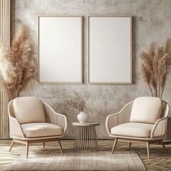Two beige armchairs face each other, flanking a small table with pampas grass in the background and two blank canvases.
