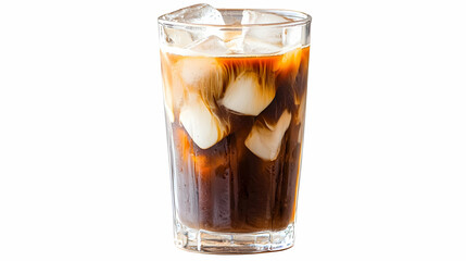 Refreshing Iced Coffee In A Clear Glass With Ice Cubes On A White Background