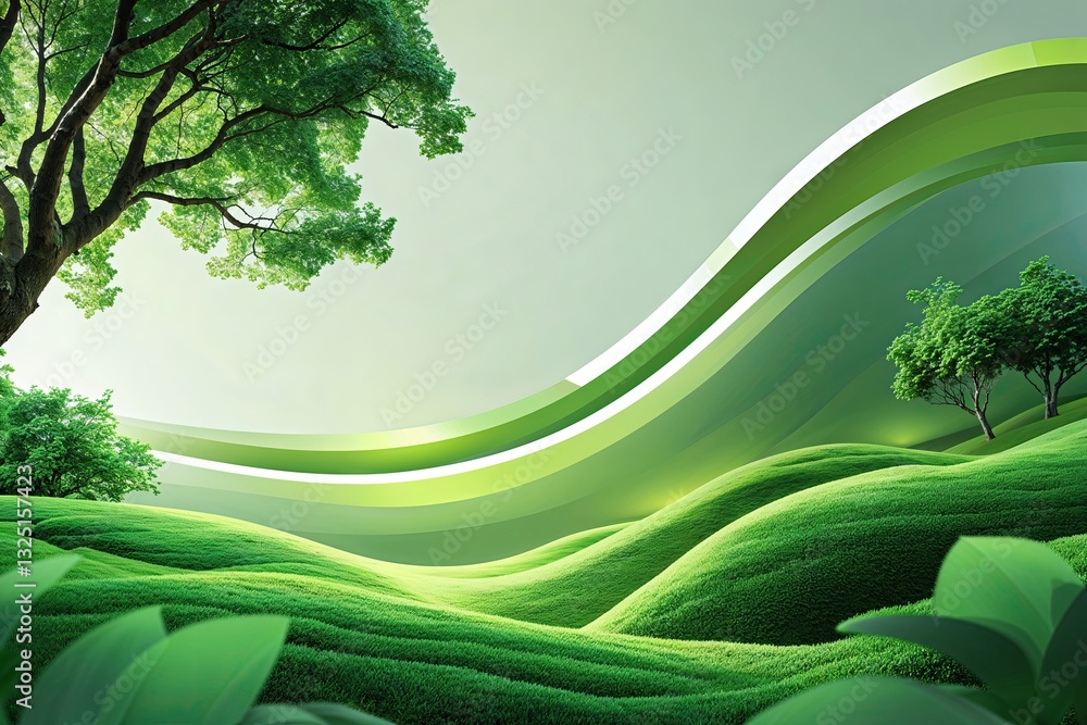 Poster serene green landscape with soft gradient and flowing abstract patterns