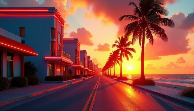 Fiery sunset casts long shadows on Ocean Drive's Art Deco buildings , tropical, summer, paradise
