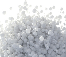 Cluster of white 3D spheres of varying sizes, creating a floating, abstract particle cloud effect. Ideal for digital art, backgrounds, and futuristic designs