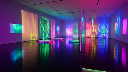 Spectacular light installation exhibit in modern art museum illuminates space