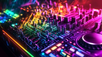 Obraz premium Colorful DJ Mixer with Fire and Cityscape