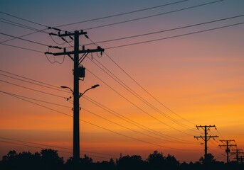 Fototapeta premium Beautiful sunset behind silhouette of power lines and telephone poles