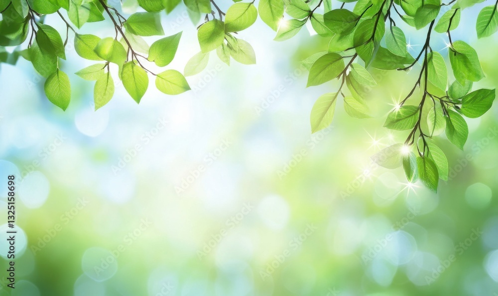 Poster sun beams with bright defocused lights bokeh in a blurred spring forest, natural real springtime or 