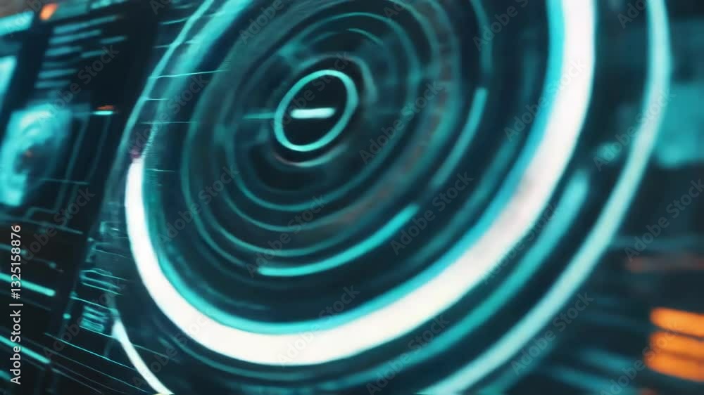 Poster futuristic interface displaying complex data analysis with holographic charts, graphs, and metrics, 