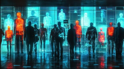 Silhouetted figures walking towards a futuristic digital display showing holographic human bodies.