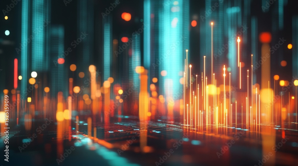 Poster abstract digital data network with glowing orange and blue lines