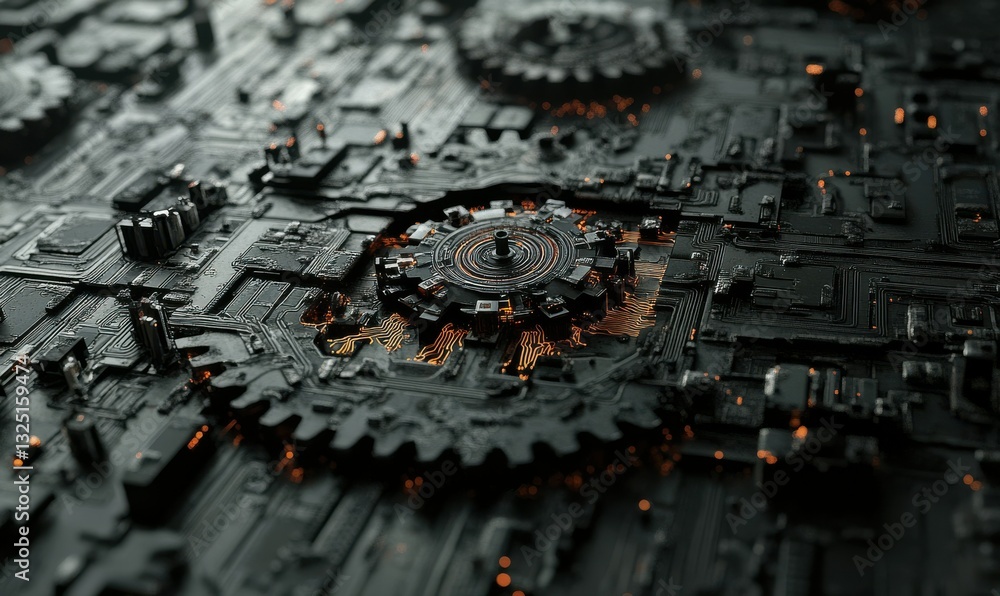 Poster technological synergy: minimalist of gears meshing with circuit designs