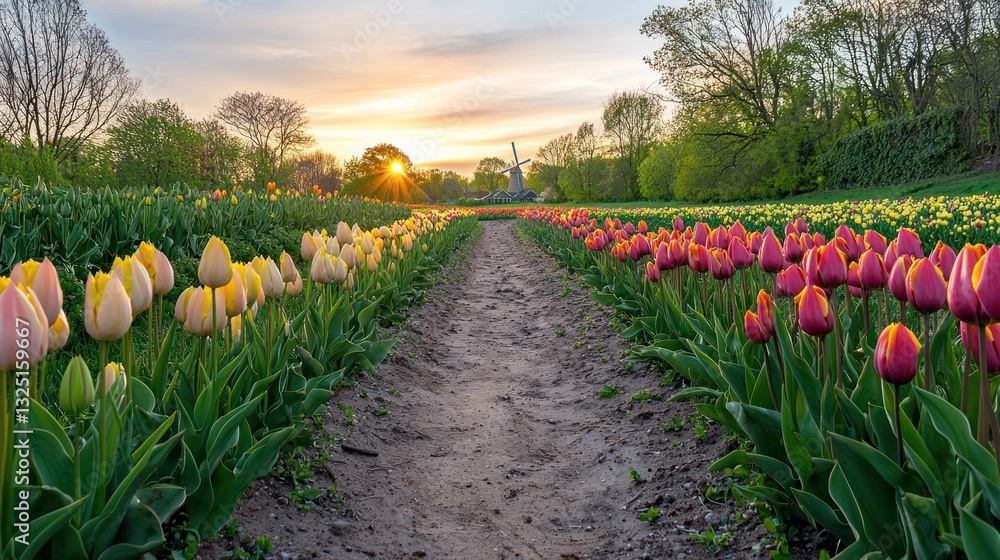 Poster sunset view of colorful tulips field with path.