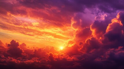 Fototapeta premium Fiery Sunset Sky with Vibrant Orange Purple Clouds