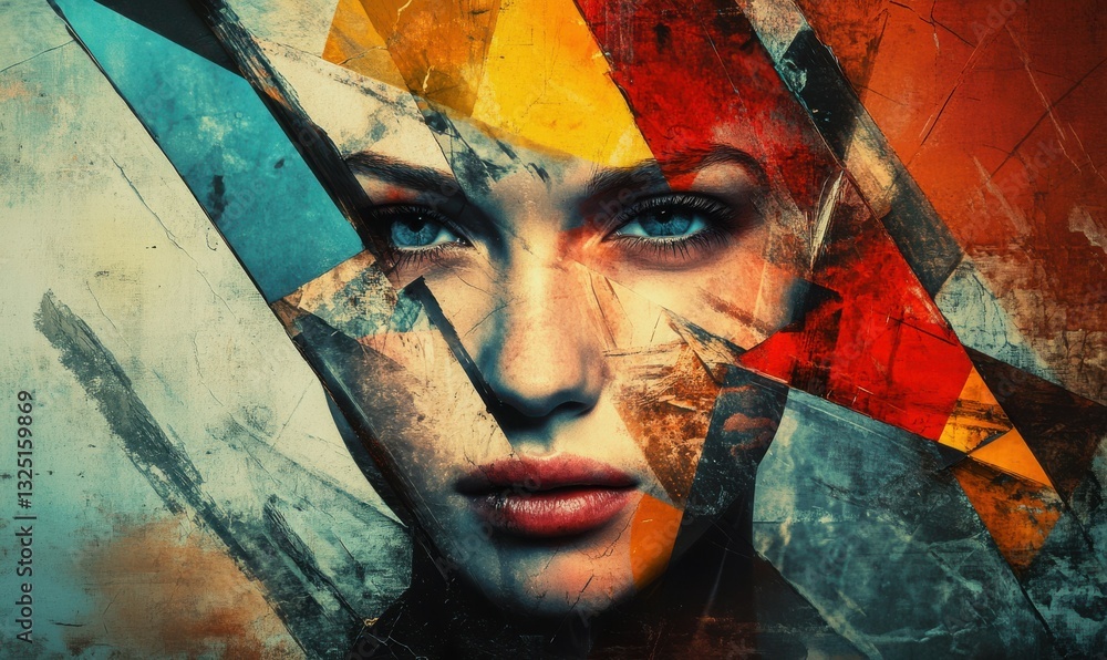 Poster the abstract face merging with geometric shapes in digital communication