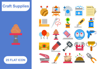 Craft and Supplies Flat Icon Set, Collection of 25 Craft and Supplies Flat Icon Set – 25 DIY, Handmade, and Art Tools Icons