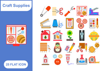 Craft and Supplies Flat Icon Set, Collection of 25 Craft and Supplies Flat Icon Set – 25 DIY, Handmade, and Art Tools Icons