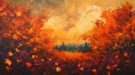 Vibrant Autumn Forest Landscape Painting