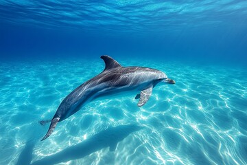 Obraz premium Dolphin diving gracefully through clear blue ocean depths
