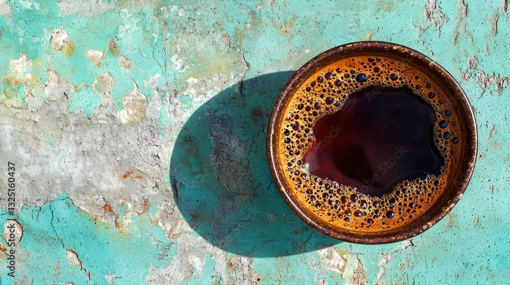 Poster top view of espresso in rustic bowl on textured teal surface.