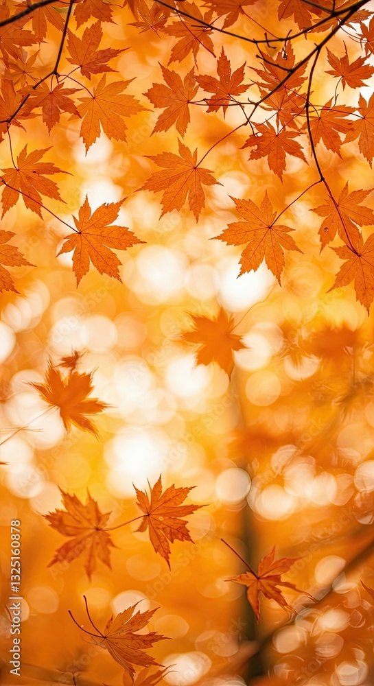 Poster vibrant orange autumn leaves with soft bokeh background in a serene forest setting