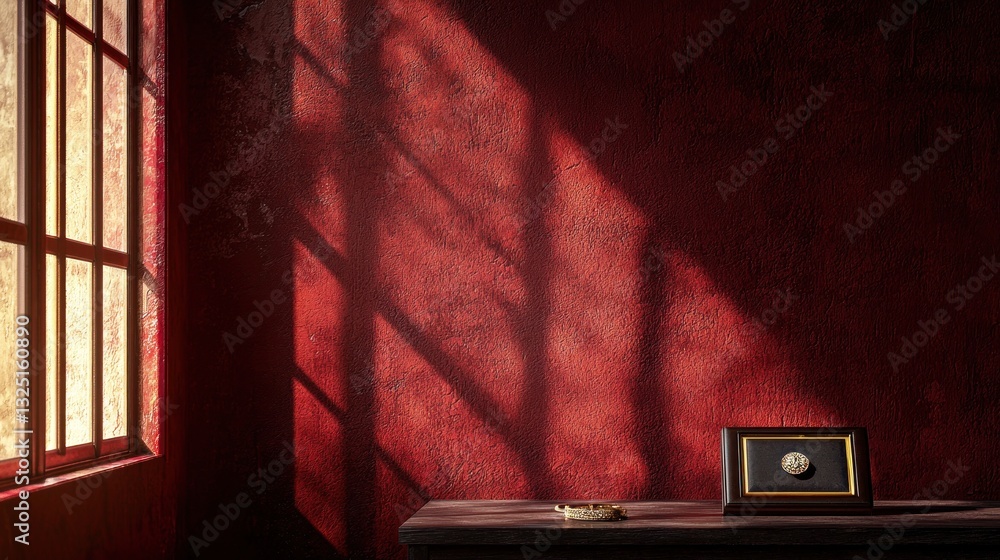 Poster sunlight streams through window onto red wall, illuminating small table with frame and object.