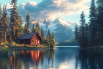 Fototapeta premium Alpine lake with wooden cabin and mountain landscape