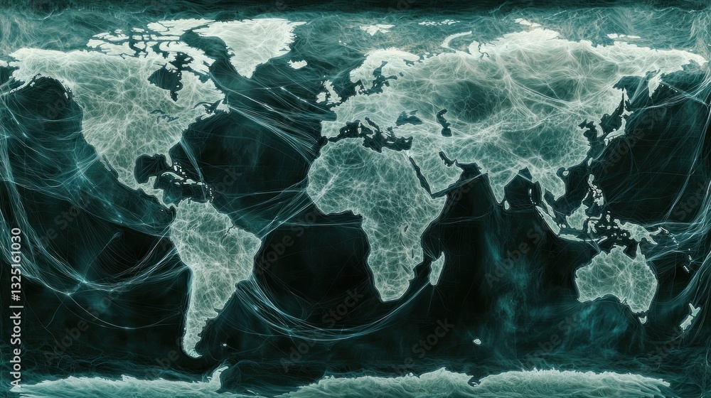 Poster abstract world map with glowing lines.